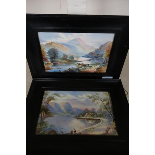 27 - Pair of framed oil on porcelain plaques depicting mountainous landscape scenes, faintly signed lower... 