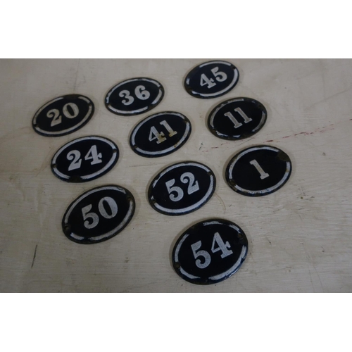 28 - Set of ten blue and white enamel numbers, various numbers ranging from 1 - 54