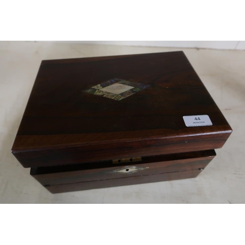 44 - Victorian rosewood Mother of Pearl inlaid combination work box/writing slope with hinged lift up top... 