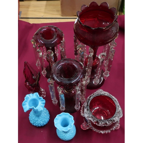 126 - Pair of Victorian ruby glass lustre's, a large glass lustre,  other cranberry ware and glassware in ... 