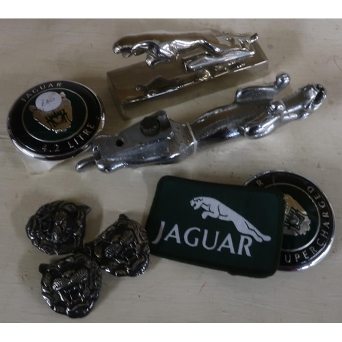 302 - Chrome plated Jaguar car mascot mounted on rectangular base, another large Jaguar car mascot , selec... 