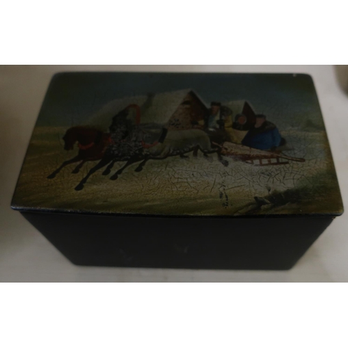 56 - Rectangular lacquered table box, lift up lid with painted Russian style horse sleigh scene (16.5cm x... 