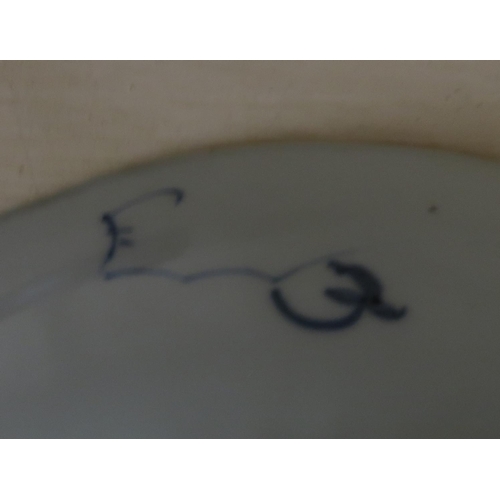 52 - 19th C Chinese blue and white shallow tin glazed dish (diameter 21cm) (A/F)