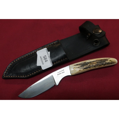 75 - I&J Barber of Sheffield sheath knife with 2 3/4 inch blade, two piece antler horn grip and leather s... 