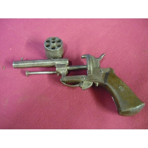 103 - Belgium six shot pin-fire revolver with octagonal barrel, folding trigger and two piece wooden grips