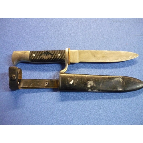 22 - German Hitler Youth type knife with 4 1/4 inch blade stamped Solingen with checkered grip, lacking c... 