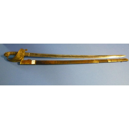 4 - Victorian Naval Officers sword with 30 inch slightly curved single broad fullered blade with engrave... 