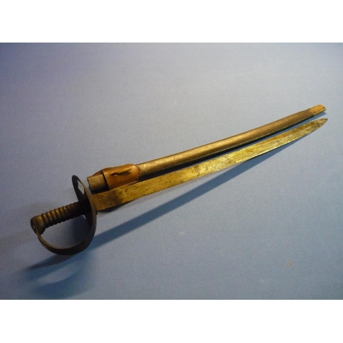 8 - 19th C Naval cutlass with 29 inch slightly curved broad blade, large steel guard with lanyard loop a... 