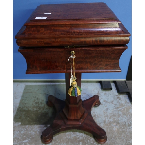 314 - 19th C mahogany teapoy on octagonal column and four turned supports (39cm x 33cm x 78cm)