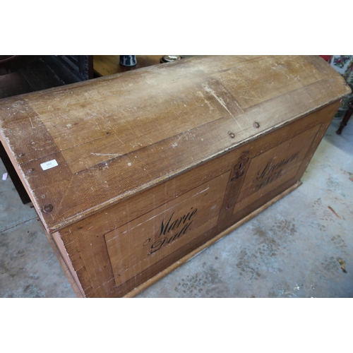 319 - Extremely large Victorian dome top scumbled pine marriage chest with domed lift off top, twin carryi... 