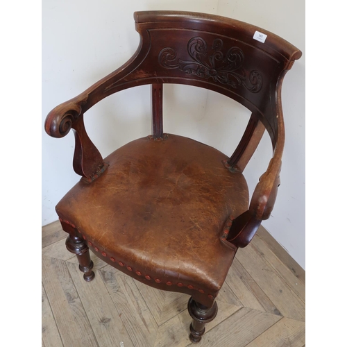 320 - Late Victorian mahogany framed office style armchair with leather upholstered seat