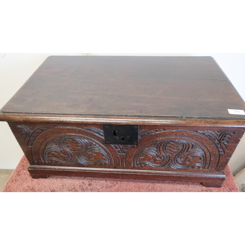 333 - 19th C rectangular carved oak three standing bible box with hinged lid (69cm x 42cm x 30cm)