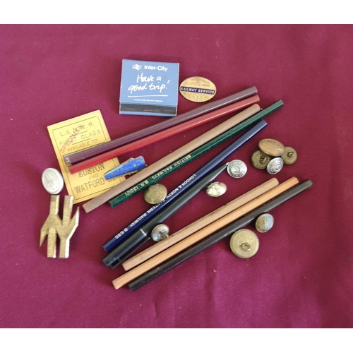 347 - Box of various railway related pencils, buttons etc