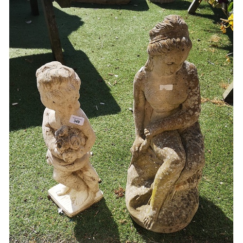 349 - Composite stone garden ornament of a seated naked lady and another of a cherub (2)