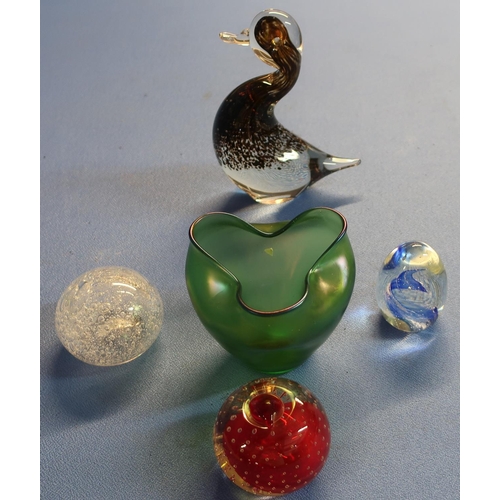 23 - Collection of studio glassware including Lottz style vase, Wedgwood glass duck and paper weights (5)