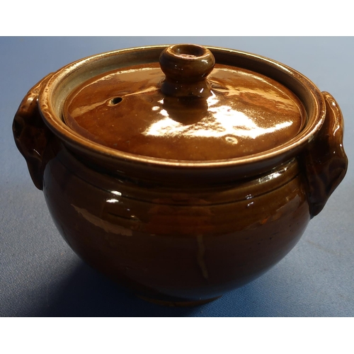 29 - Two brown glazed twin handled crock pots (height 21cm and 18cm)