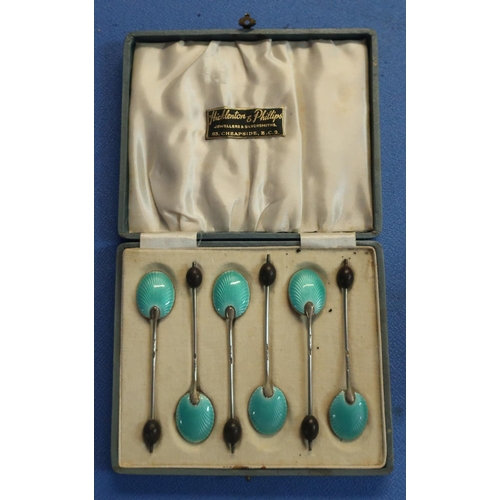 40 - Cased set of six Birmingham 1929 silver hallmarked and enamel coffee bean spoons with gilt bowls