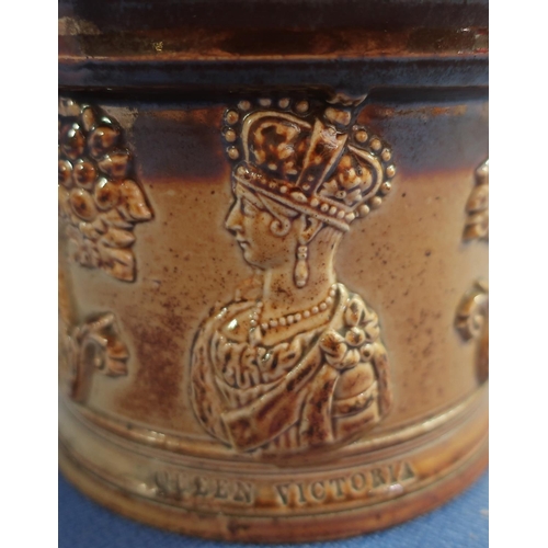 66 - Victorian stoneware tobacco jar commemorating Queen Victoria and Prince Albert, the lift off lid cre... 