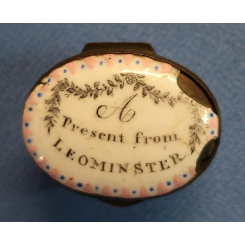 9 - 18th/19th C enamel oval patch box with internal mirror, the top marked 'A Present From Leominster' (... 