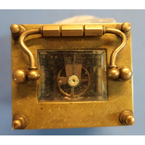 14 - Small brass French eight day carriage clock with key (with beveled glass panels) (front panel missin... 