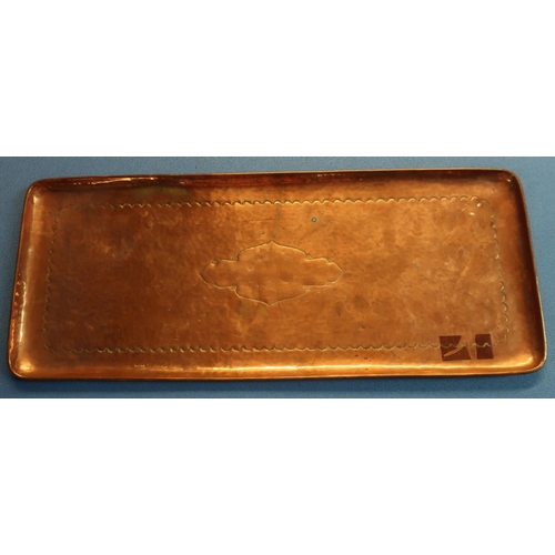 19 - Rectangular copper Arts & Crafts Newlyn school tray (51cm x 21cm) stamped Newlyn, and another simila... 