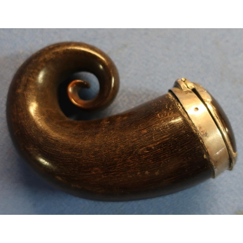 5 - Early 19th C horn snuff mull (length 8.5cm) with monogram initials to the top, and white metal mount... 