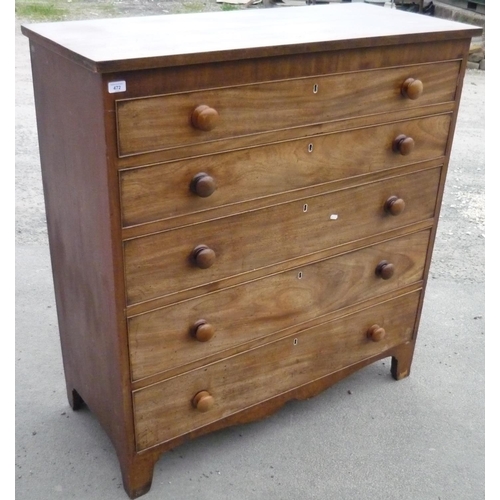 472 - 19th C mahogany chest of five long drawers (116cm x 52cm x 124cm)