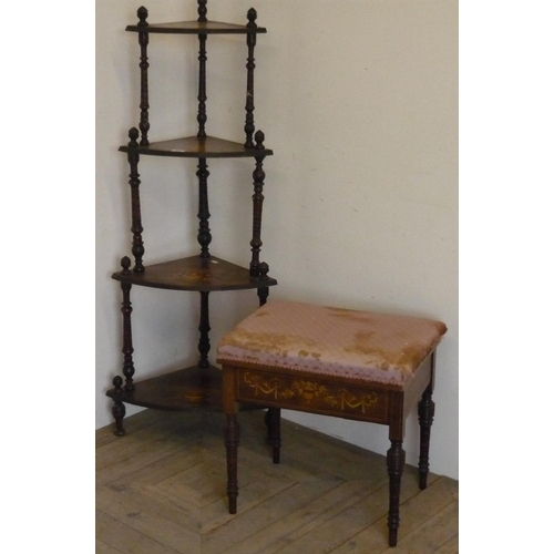 499 - Victorian four tier corner rosewood inlaid Whatnot and a Victorian rosewood inlaid piano stool (2)