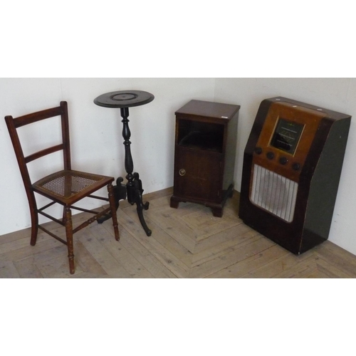 503 - Mahogany bedside cabinet, cane seated bedroom chair, Victorian ebonised circular top occasional tabl... 