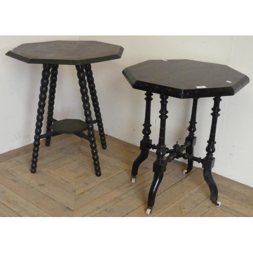 506 - Victorian octagonal ebonised occasional table and another similar on bobbin turned supports with und... 