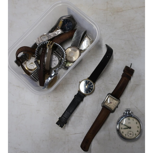 484 - Box containing a selection of various assorted vintage wristwatches, Smiths Empire pocket watch etc