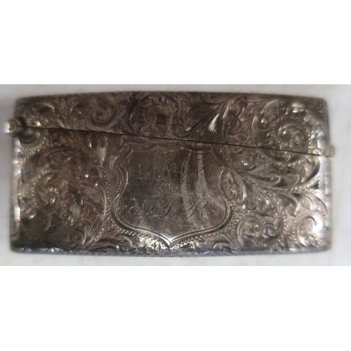 489 - Curved Birmingham silver hallmarked rectangular card case with hinged top and engraved detail, a sil... 