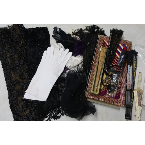 491 - Collection of various vintage clothing accessories including starched collars, white gloves, glass b... 