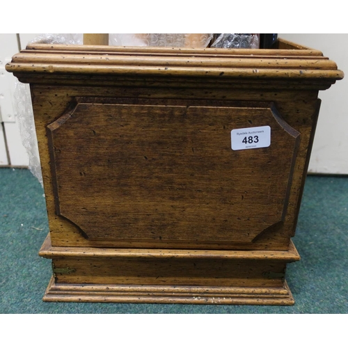 483 - Square hard wood jardiniere with panelled detail and inset brass panel (30cm x 30cm x 28cm)