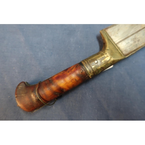 15 - 19th C Khyber knife with 18 1/2 inch tapering blade with engraved detail, brass mounts and two piece... 