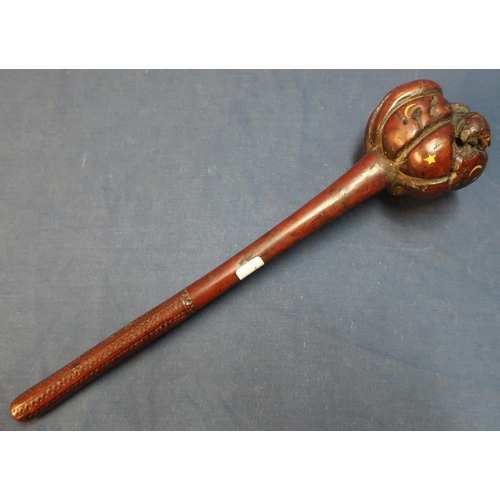 21 - 19th C Fijian tribal carved wood throwing club, 12 1/2 inch shaft with carved detail to the grip, th... 