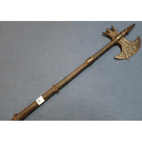 28 - Heavy decorative cast metal hand axe with steel shaft (length 60cm)