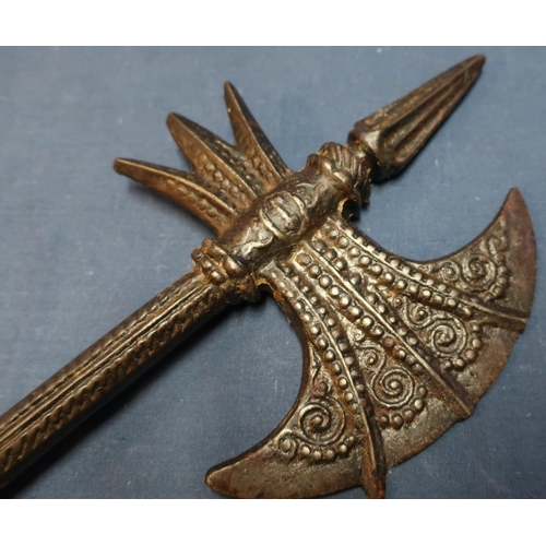 28 - Heavy decorative cast metal hand axe with steel shaft (length 60cm)