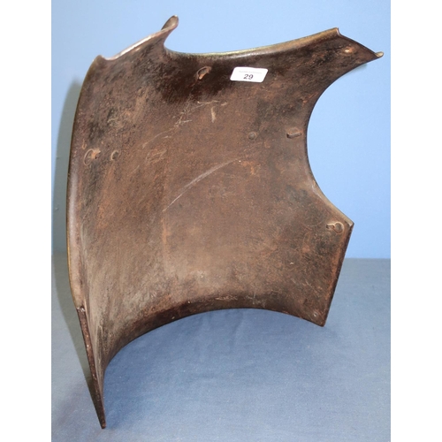 29 - Heavy steel breastplate with brass rivets and mounts, and internal hanging hooks (height 37.5cm)