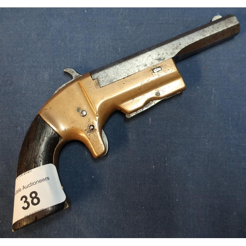 38 - Taylor & Co single shot .30 rimfire Derringer type pistol with 3 1/2 inch octagonal barrel with engr... 