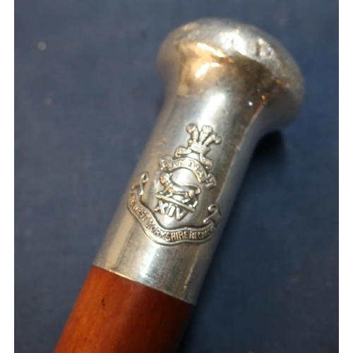 69 - 19th/20th C Malacca regimental walking cane with unmarked white metal top with the West Yorkshire Re... 