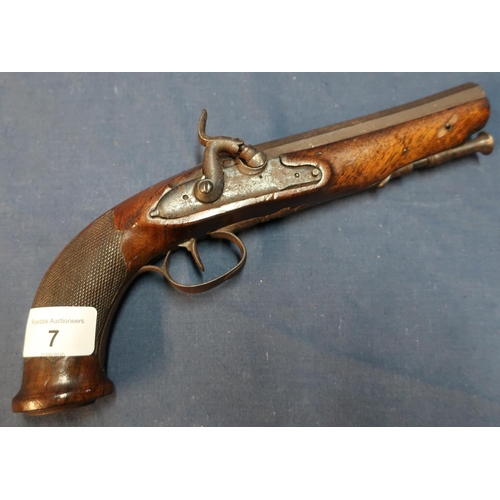 7 - Mid 19th C .65 percussion cap pistol with 5 inch octagonal barrel, possible replacement lock and ham... 