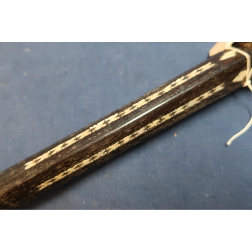 71 - Late 19th C hardwood walking cane with inlaid Mother of Pearl detail (overall length 87cm)