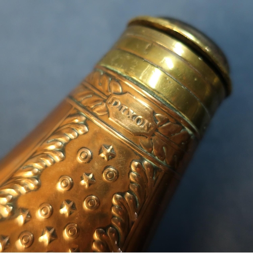 77 - Leather bodied powder flask and a Dixon copper bodied flask (lacking spout) (2)