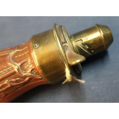 79 - James Dixon & Sons of Sheffield brass and copper bodied small powder flask (overall length 17cm)