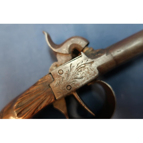 9 - Belgium percussion cap side by side pocket pistol with 3 inch barrels, engraved details to the lock ... 