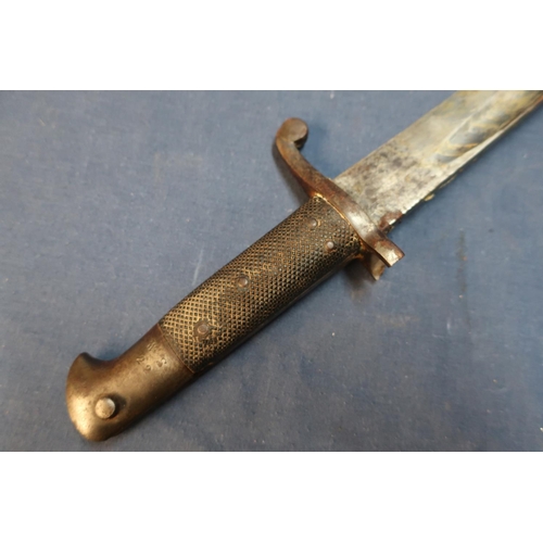 91 - British 1853 pattern sword bayonet with 22 3/4 inch blade stamped with knights head monogram (damage... 