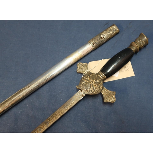 104 - Early 20th C American Masonic dress sword with 28 inch double edge blade with engraved details marke... 