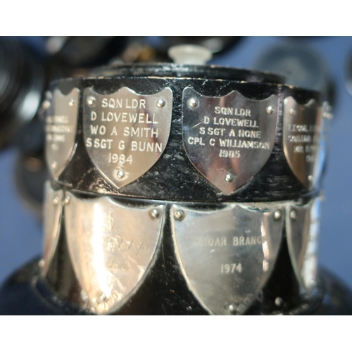 129 - Selection of various trophy cup ebonised wooden stands, mostly mounted, with various silver hallmark... 