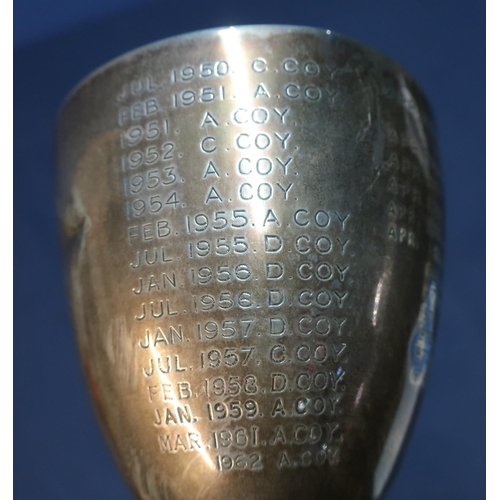 172 - London silver hallmarked military trophy cup for Inter Company Shooting 1939-43, with various inscri... 